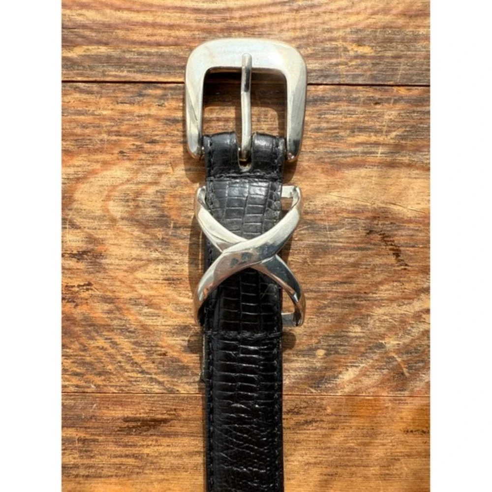 Y2K Black Leather Croc Embossed Belt Silver X‎ Buckle Minimalist Unisex